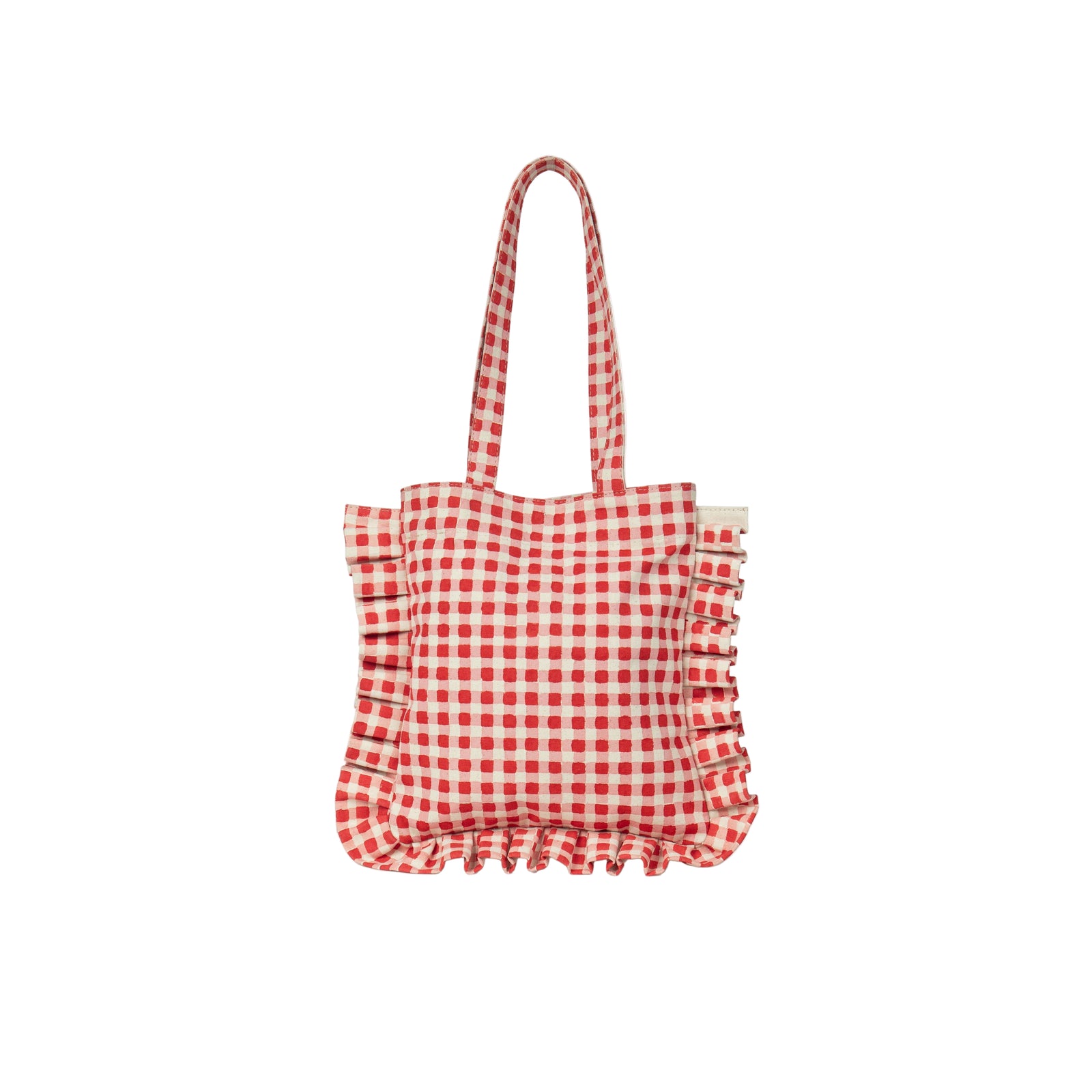 Red and white checkered bag with ruffled edges on a light gray background
