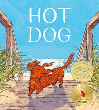 Book cover of 'Hot Dog' by Doug Sofati with a dog on a beach boardwalk.