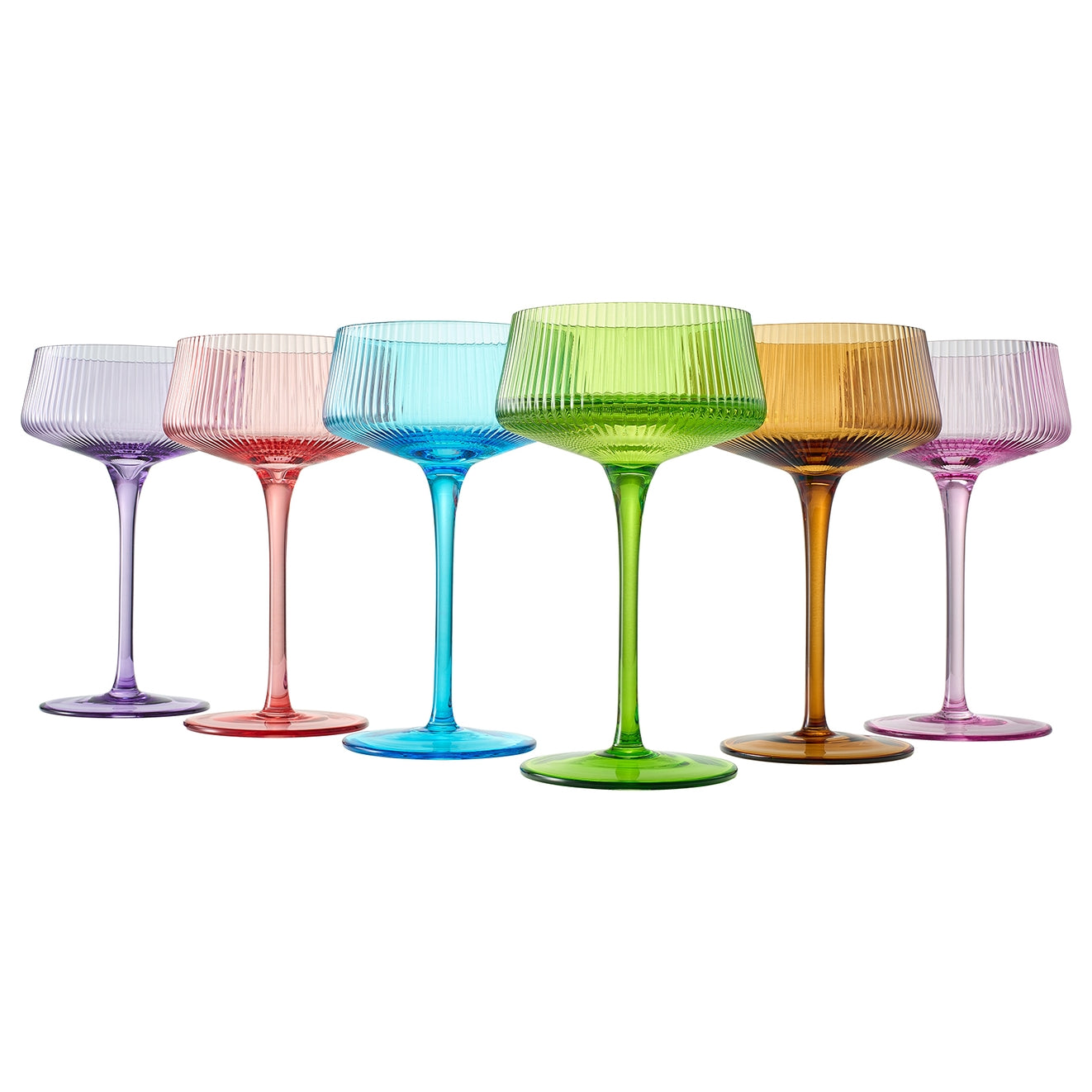 Set of six colorful glass goblets on a white background