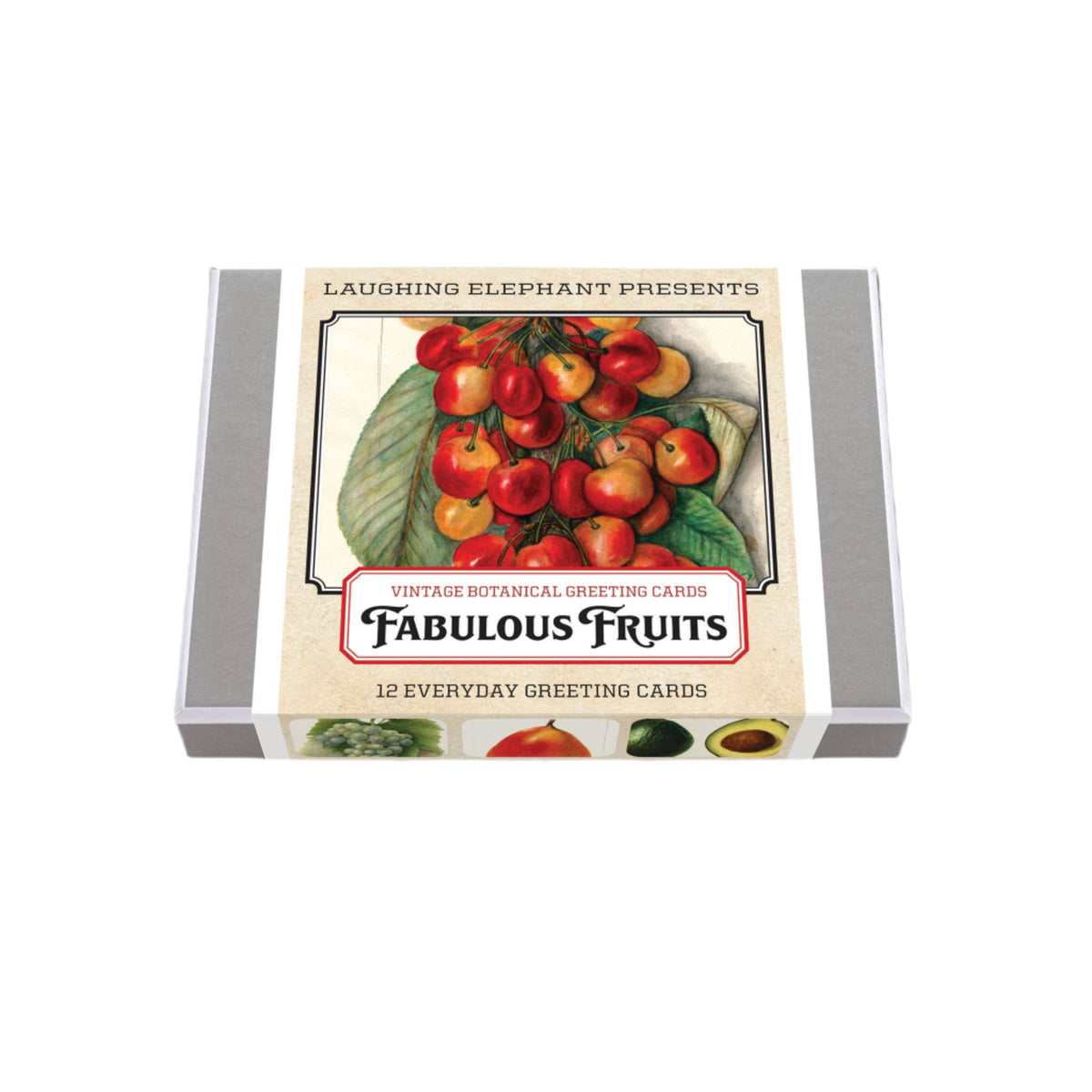 Box of &#39;Fabulous Fruits&#39; greeting cards by Laughing Elephant on a light gray background