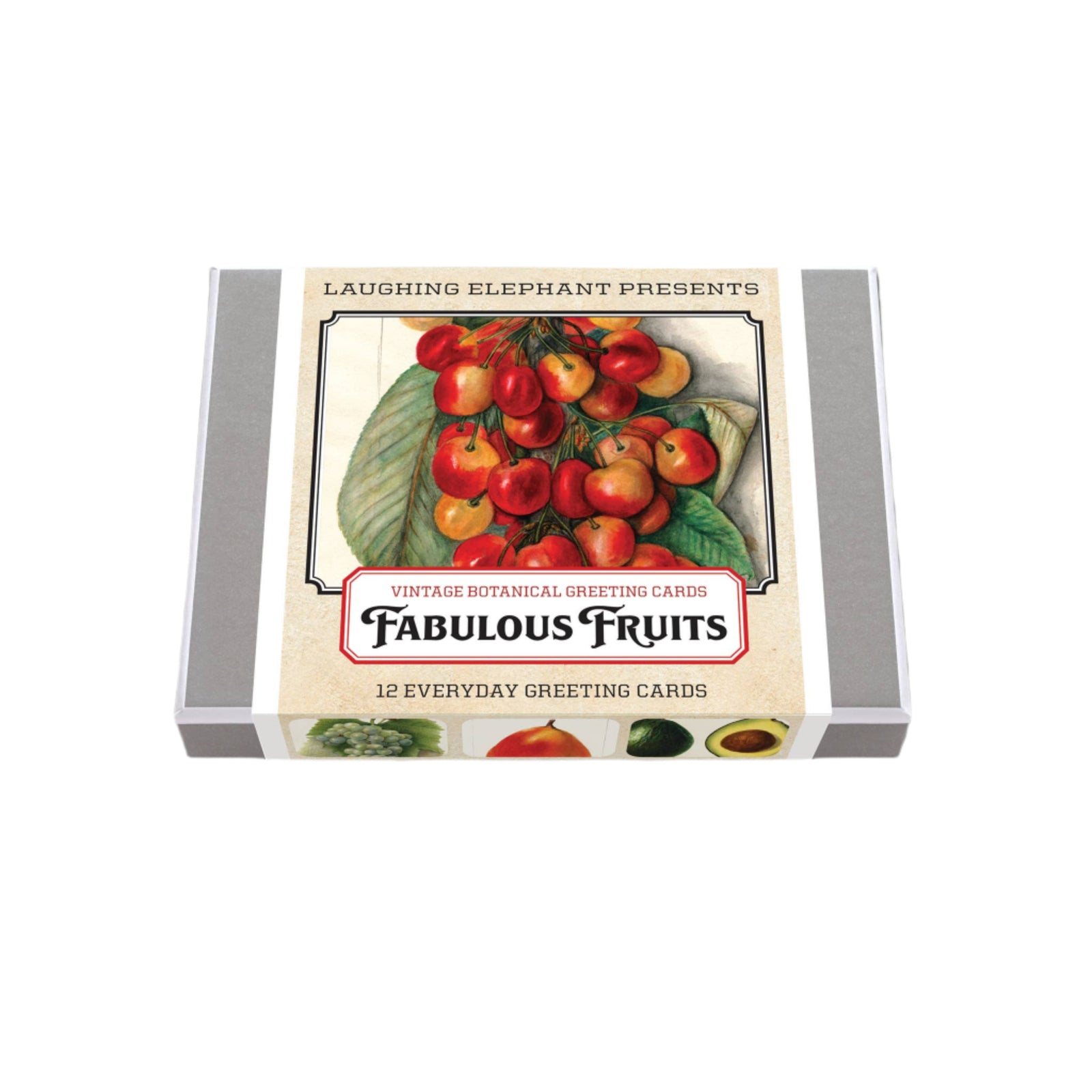 Box of 'Fabulous Fruits' greeting cards by Laughing Elephant on a light gray background