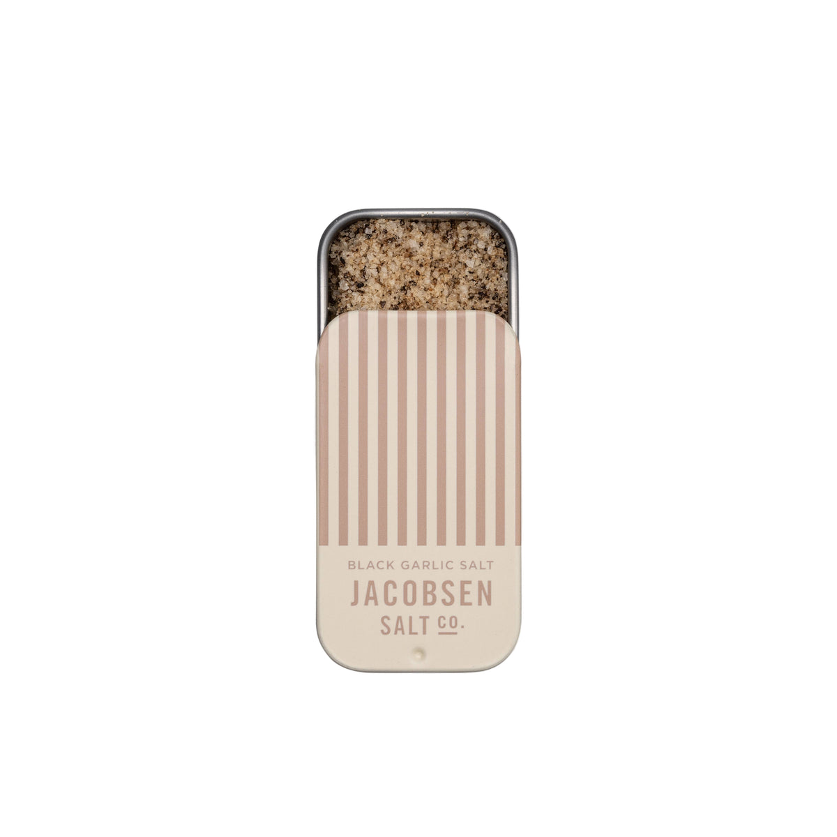 Tin of Jacobsen Salt Co. black garlic salt on a light gray background