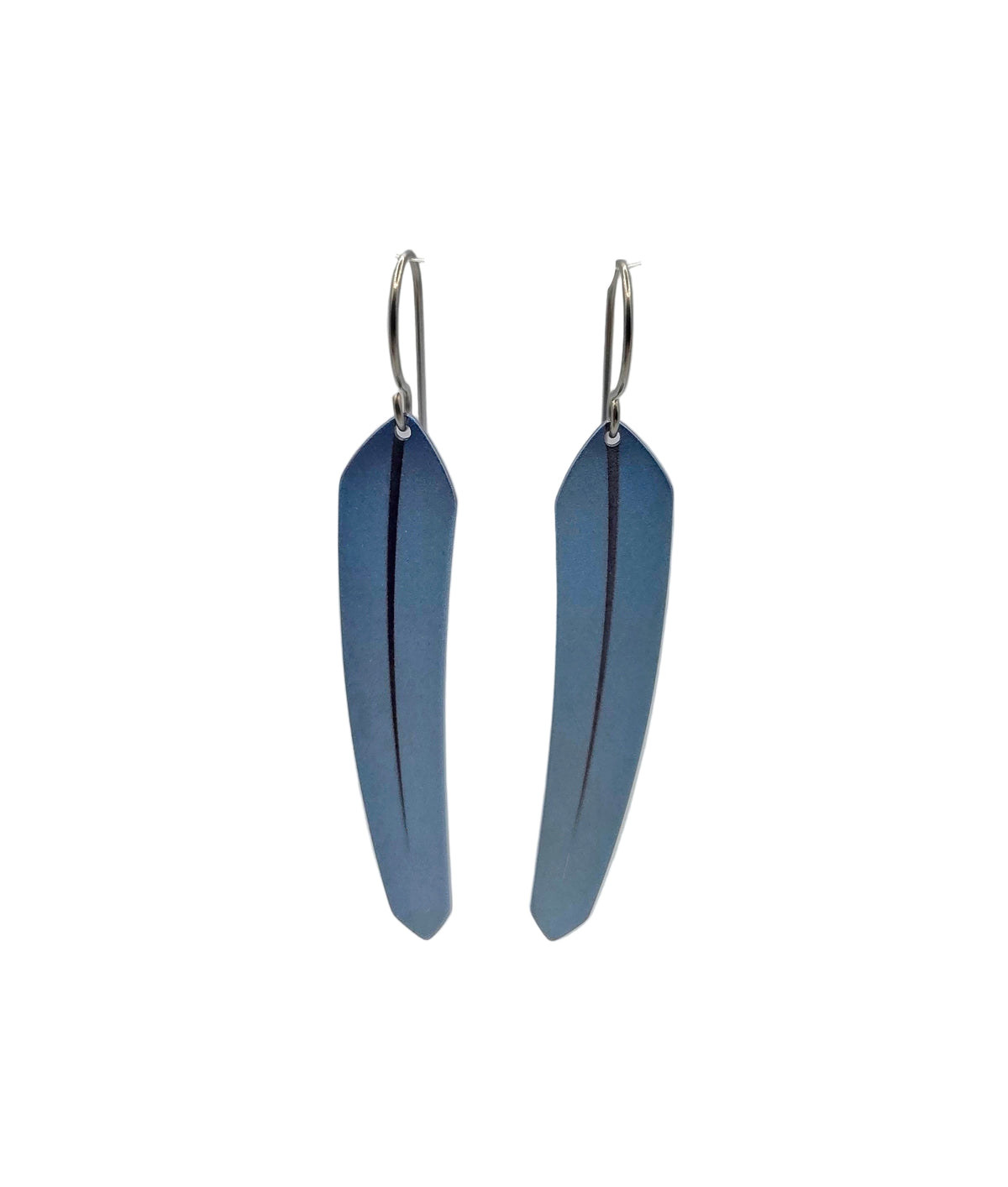 Pair of blue feather-shaped earrings on a white background