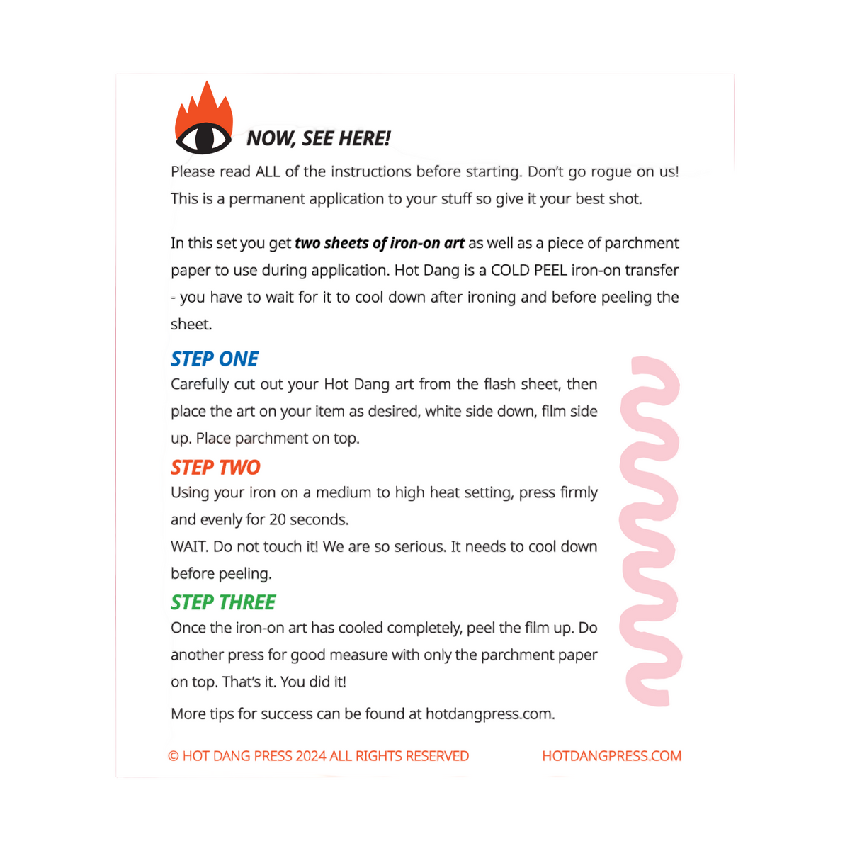 Instructions for iron-on application on a white background