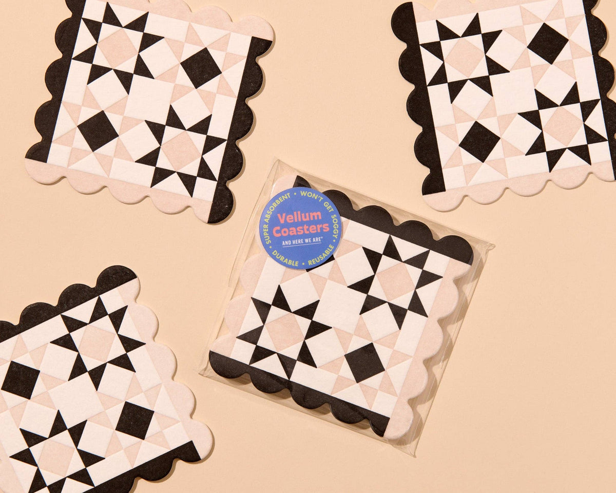 Mod Quilt Scalloped Letterpress Vellum Coasters - Black/Taupe (Set of 4)