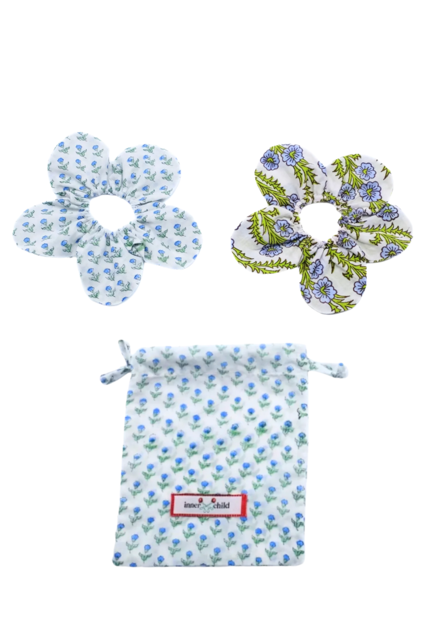 Set of floral scrunchies with a matching drawstring bag on a white background