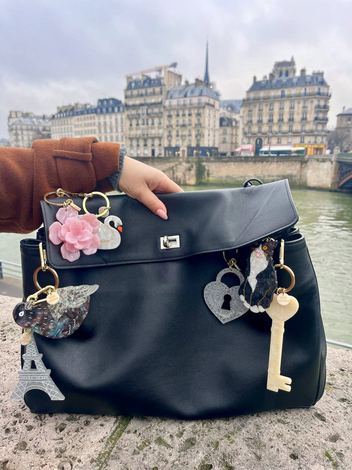 Hand-painted Tuxedo Cat Bag Charm + Keychain | Eco-Friendly