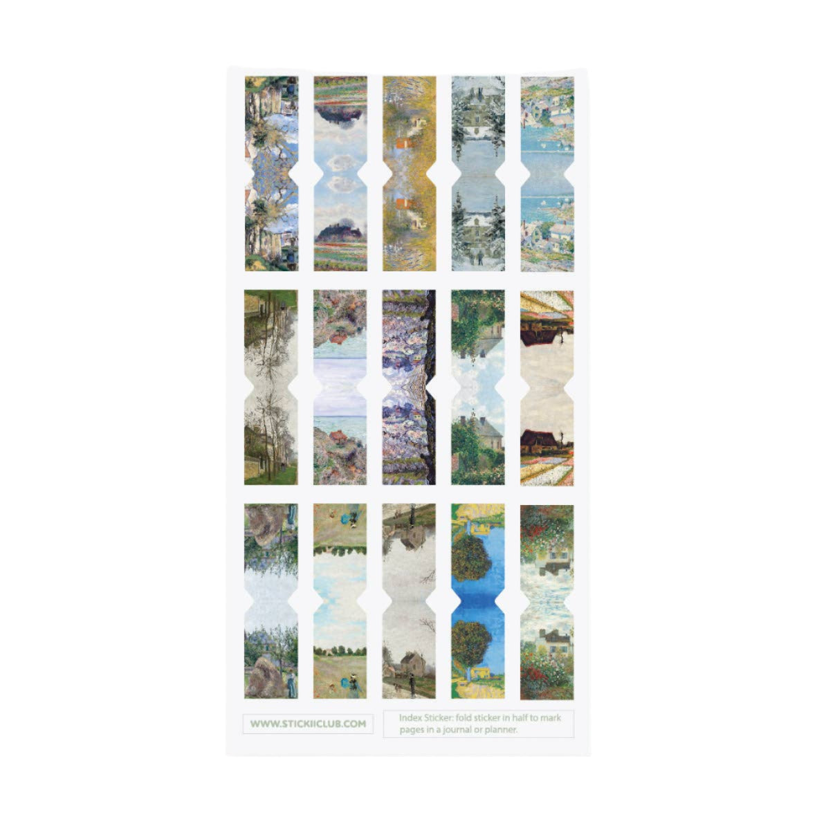 Set of scenic impressionist stickers with a white border on a white background