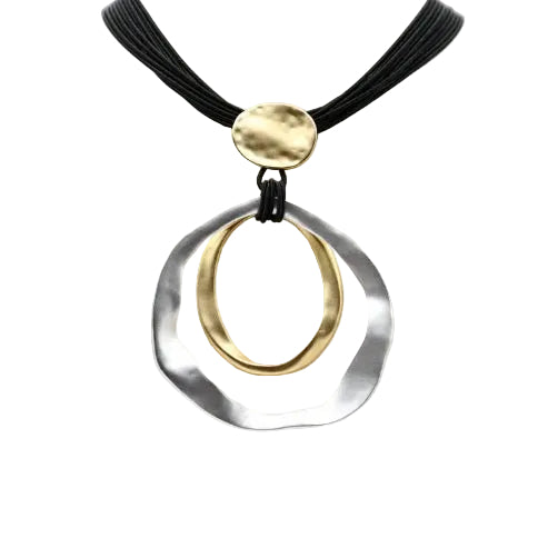 Black Wire Pendant Necklace With Silver & Gold Rings