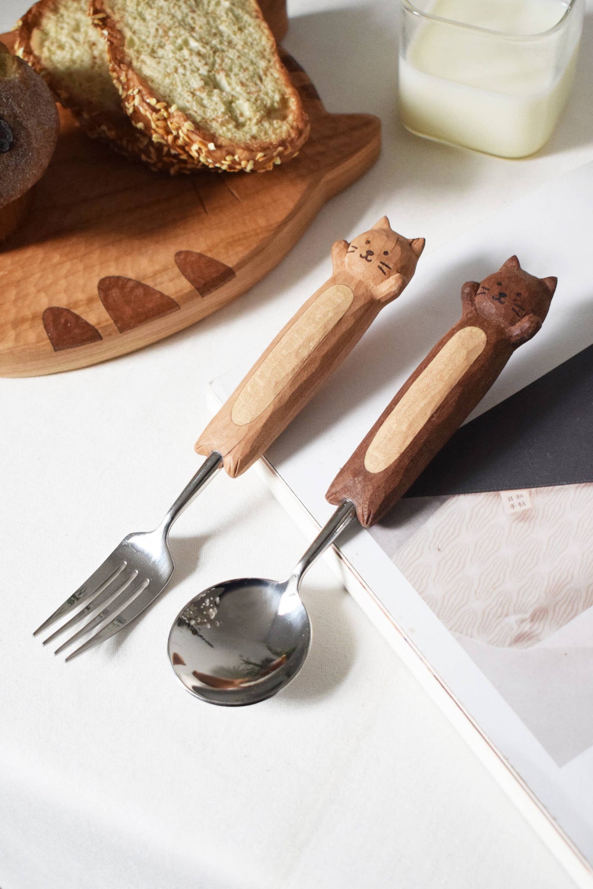 Hand-Carved Kitten Spoon & Fork