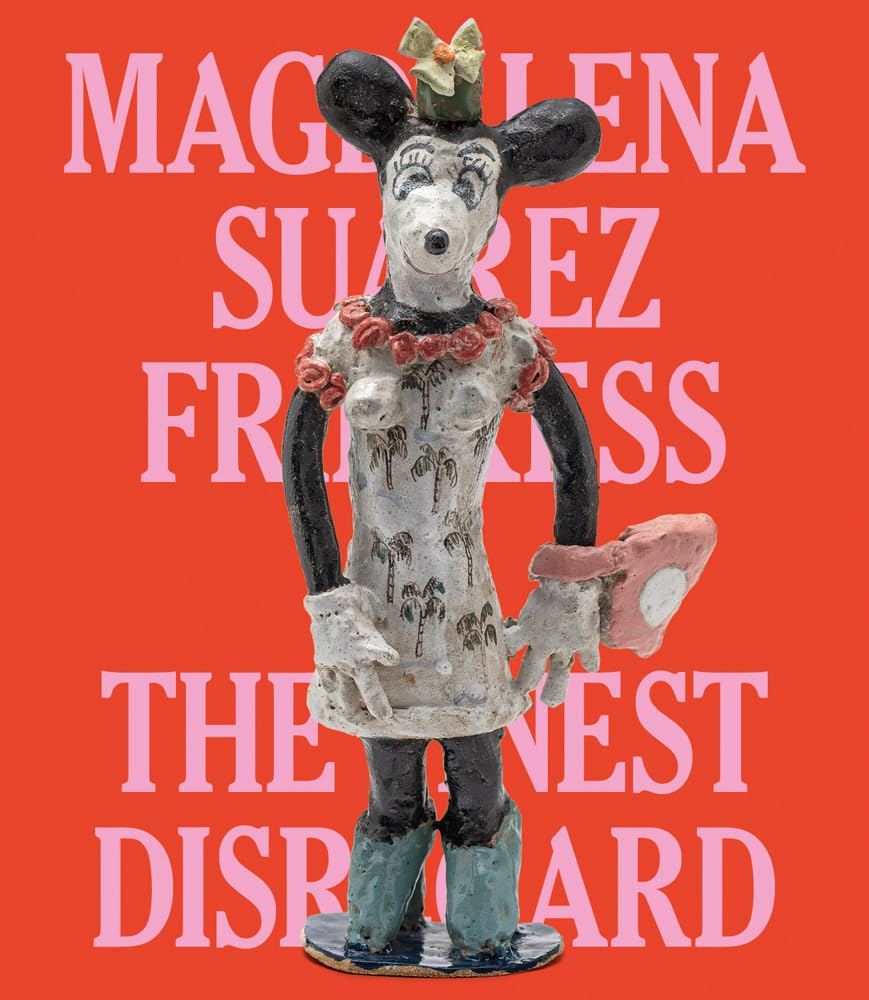 Book cover with red background and pink lettering with a photograph of a sculpture.