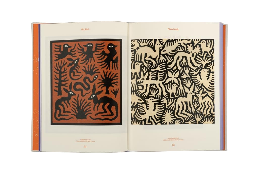 Off white pages and black and orange drawings.