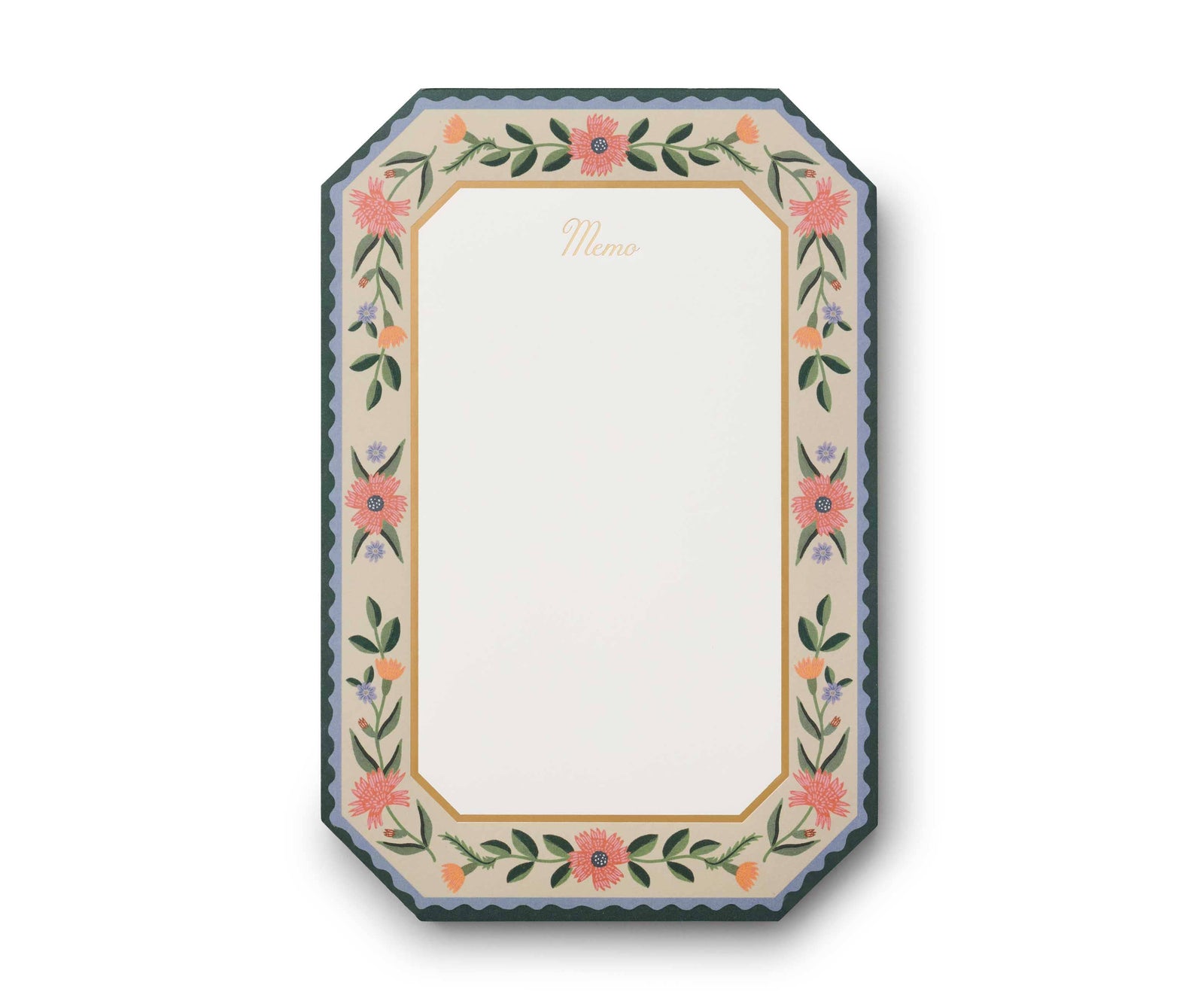 Floral design around edges of a decorative notepad with a white background