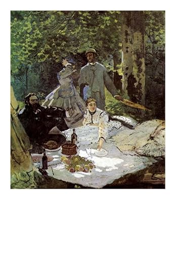 Painting of a group of people having a picnic in a forest