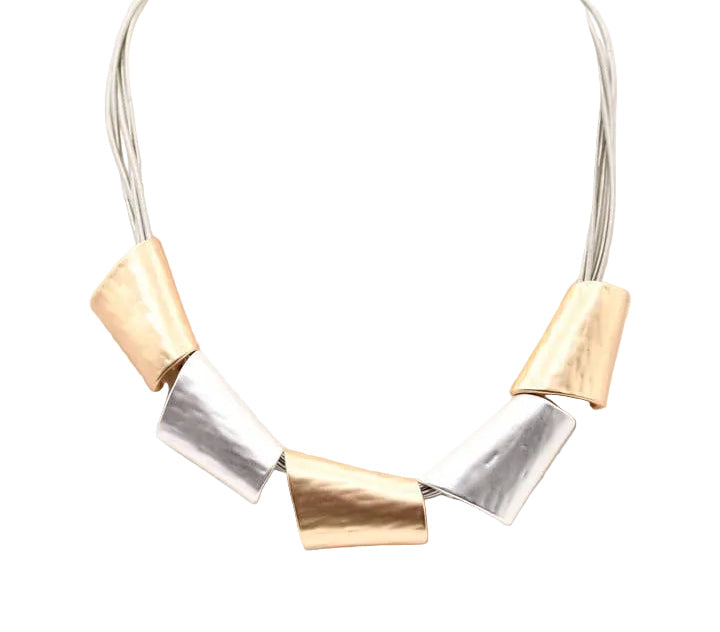 Gold Wire Necklace With Silver And Gold Slide Pendants