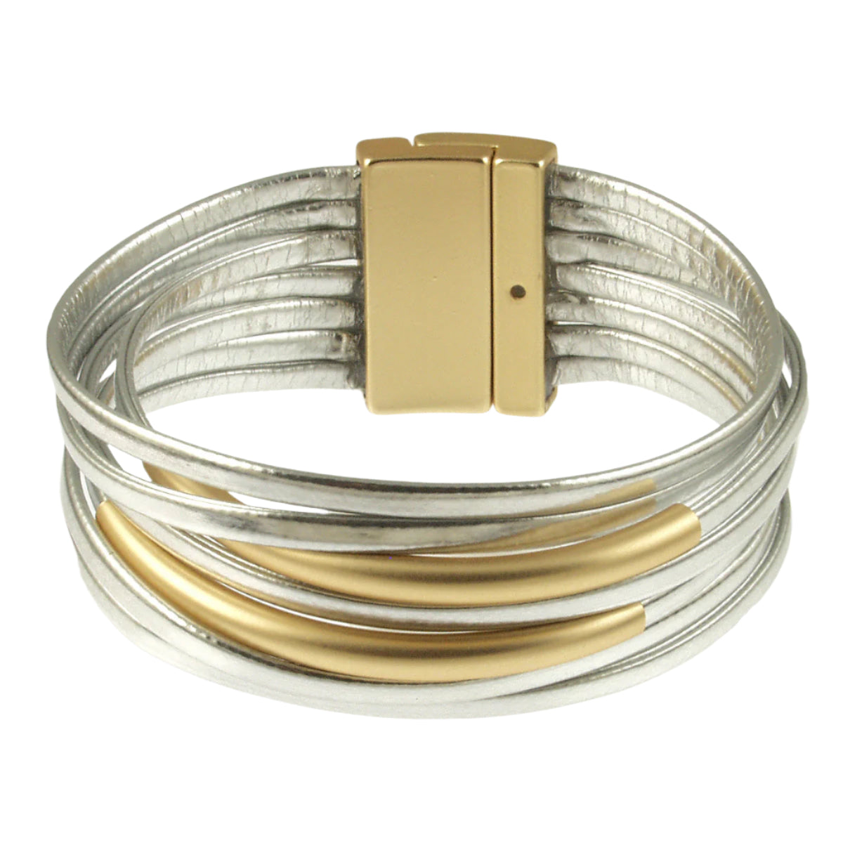 Multistrand bracelet with gold and silver bands on a white background