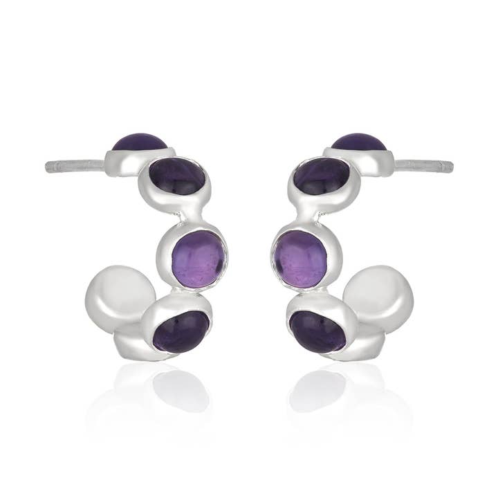 Cabochon Bezel Silver Hoops Earrings
