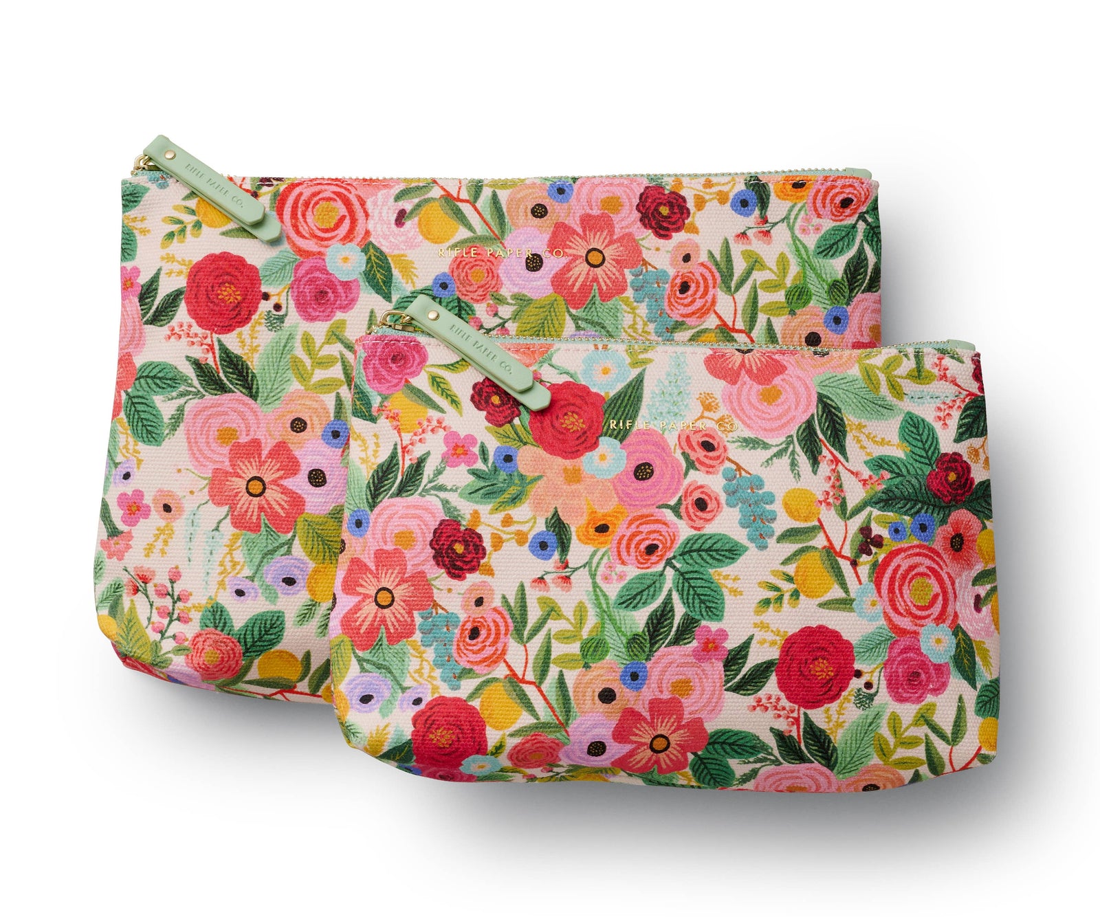 Two floral-patterned pouches on a white background. Small and Medium sized