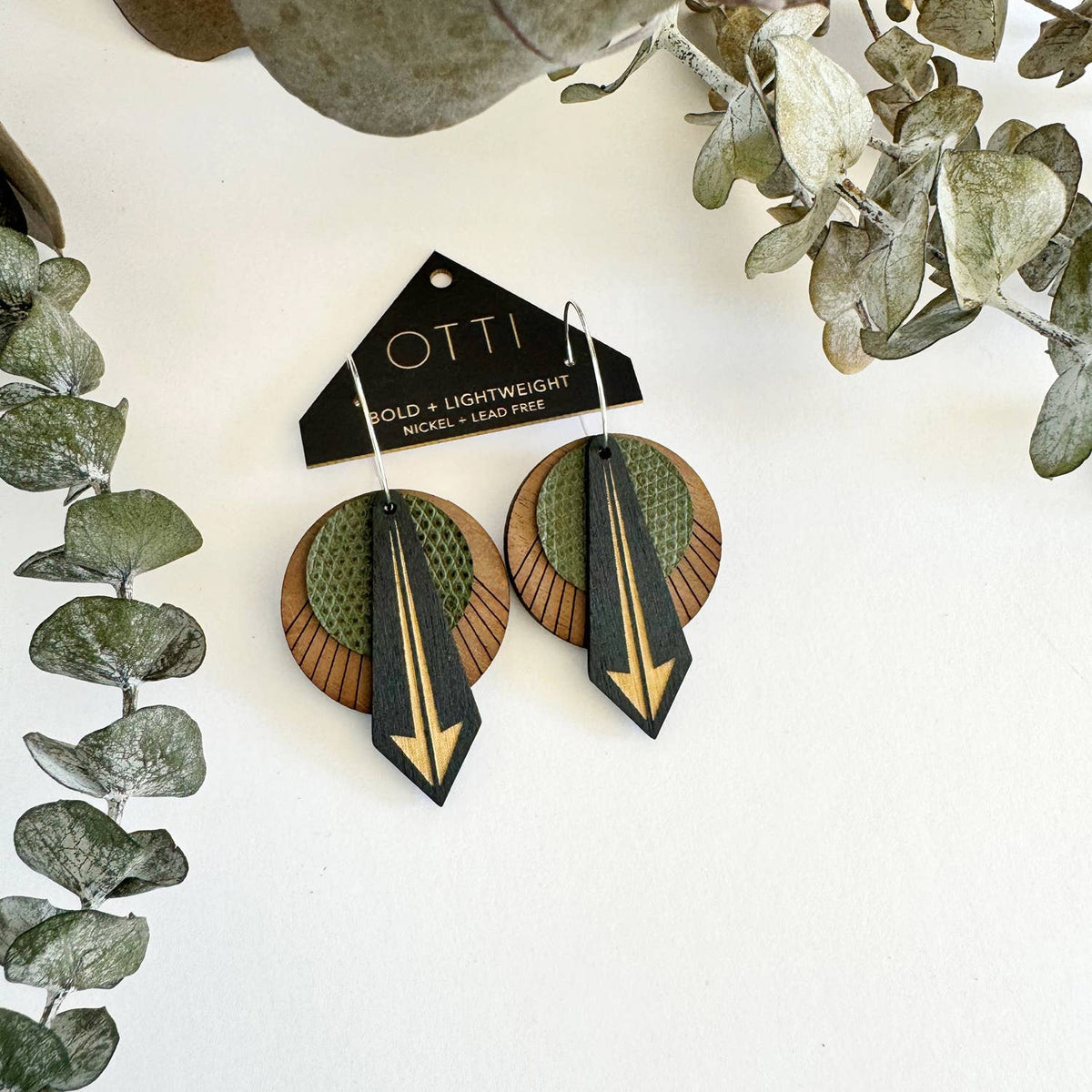 Architectural Leather + Birch earring: Arrow Walnut Olive