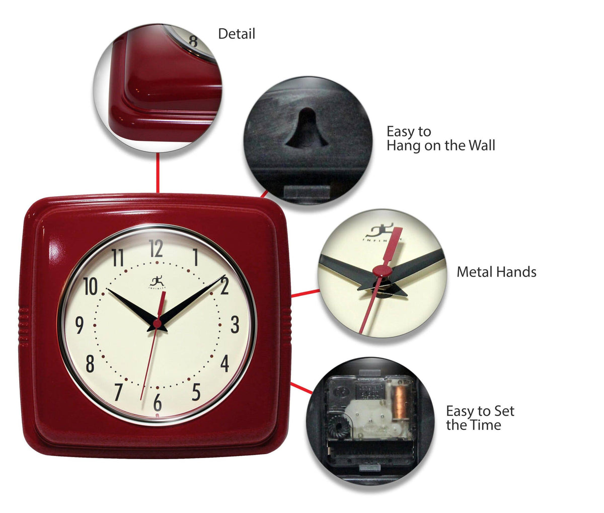 Retro Square Red Indoor Wall Clock 9.25 Inch