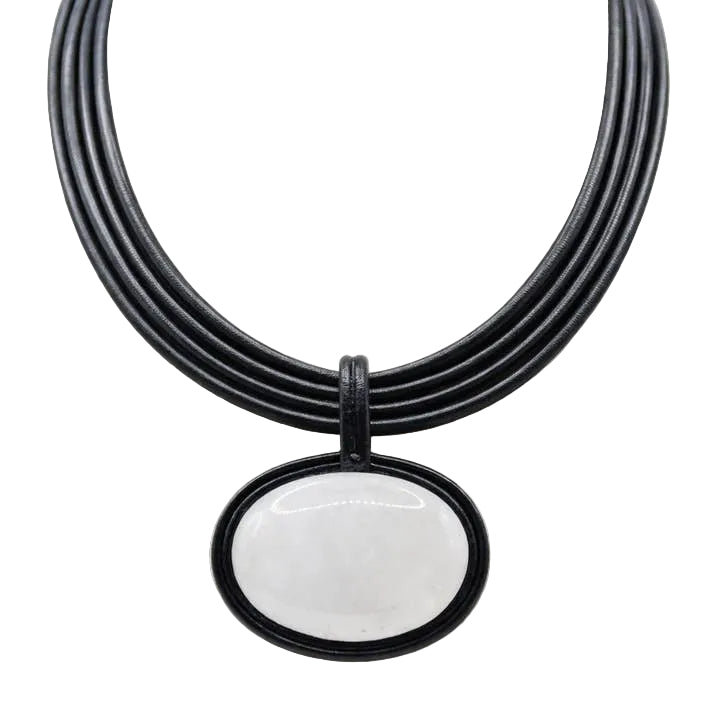 Multi-Strand Leather Necklace With White Stone Pendant
