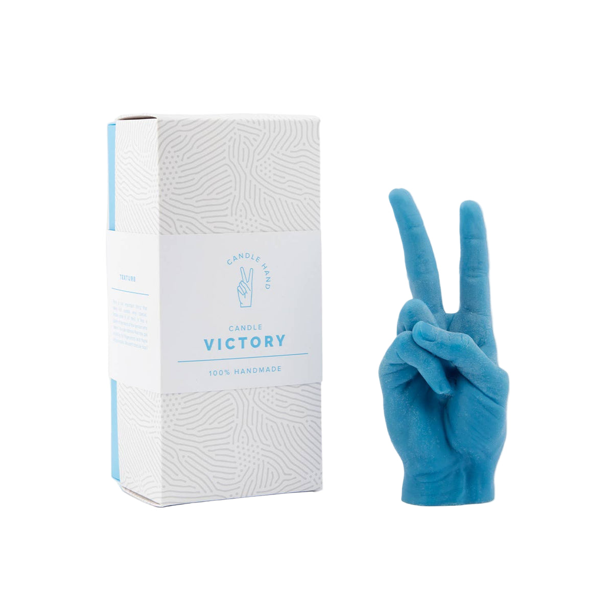 Blue glove making a peace sign next to a white box labeled &#39;Victory&#39;.