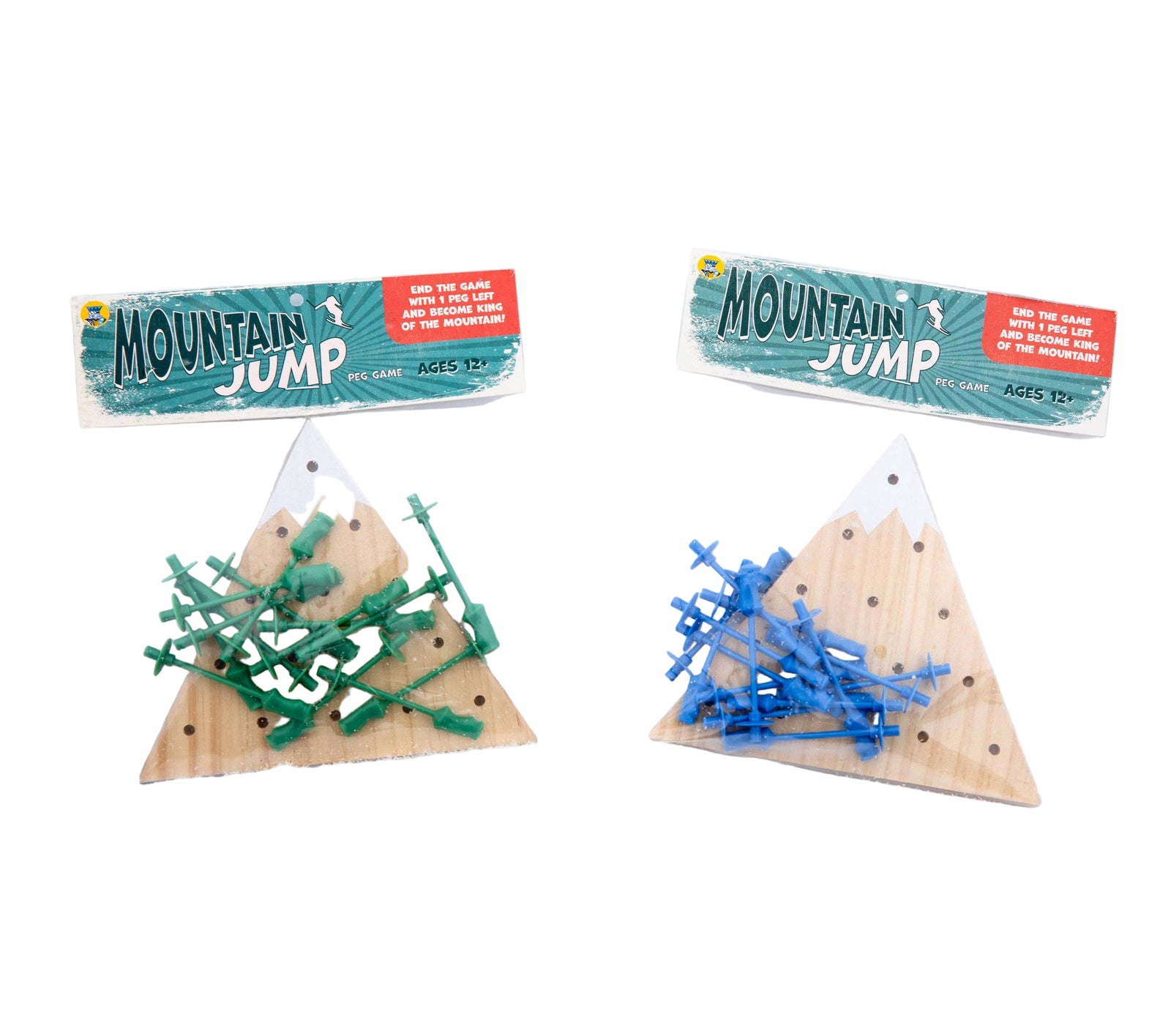 Two triangular wooden toys with green and blue sticks on a white background, labeled 'Mountain Jump'.