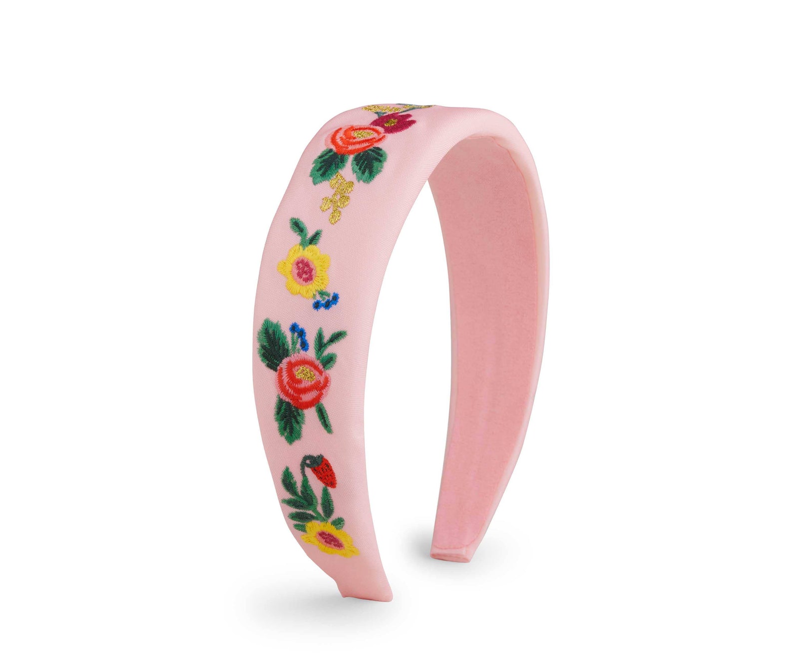 Pink headband with floral designs on a white background