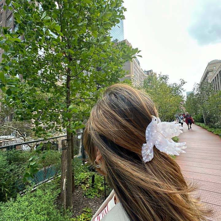Person with a decorative dove hair clip in an urban park setting