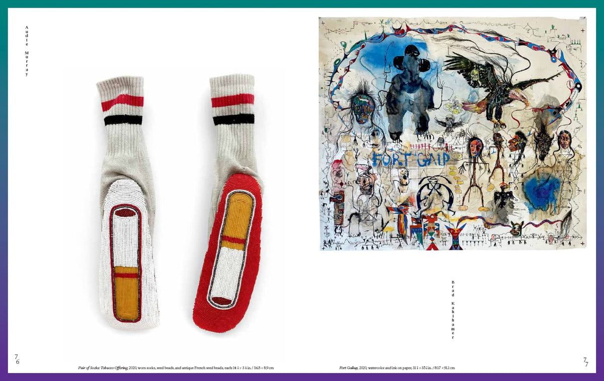 White pages with beaded socks and colorful drawings.