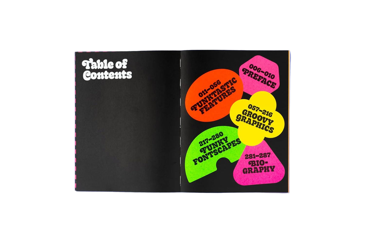 Black pages with black and white text and neon shapes.