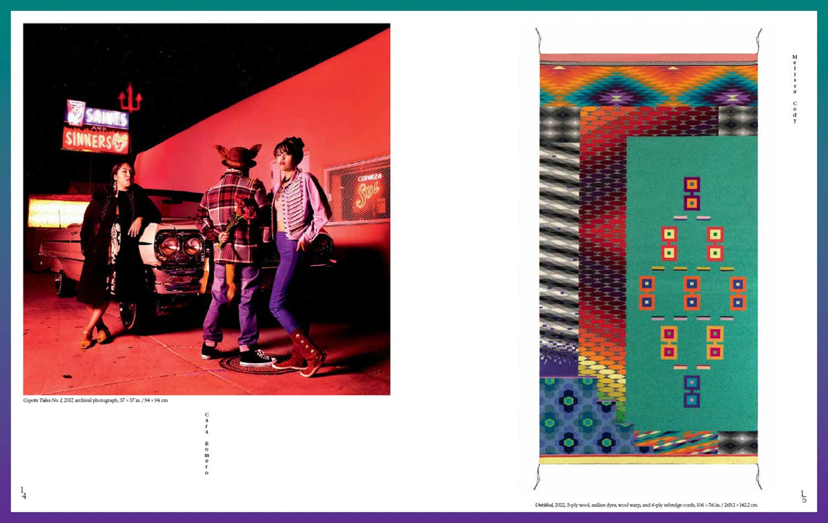 Colorful photographs of people and a rug.