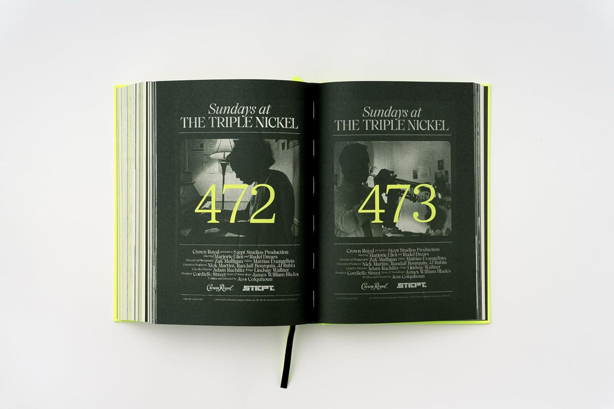 Black pages with white and chartreuse text.