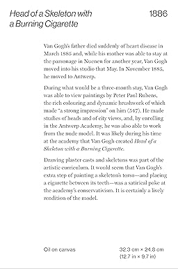 Text description of a painting by Van Gogh featuring a skeleton with a burning cigarette, with details about the artist and the piece.
