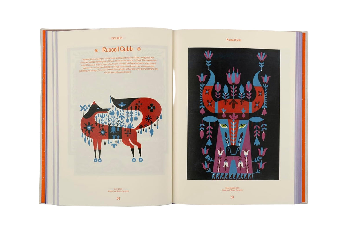 Off white pages, orange text and colorful prints.