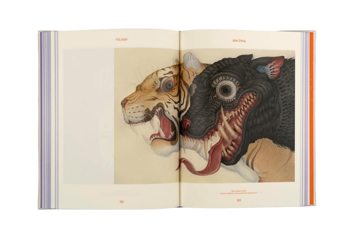 Off white pages with colorful drawings.