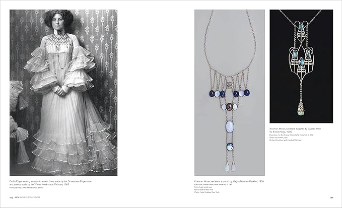 Page from a book featuring a black and white photograph of a woman in a vintage dress, accompanied by images of jewelry.