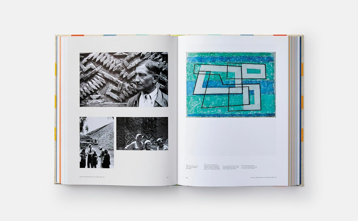 White pages with black and white photographs and colorful drawing.