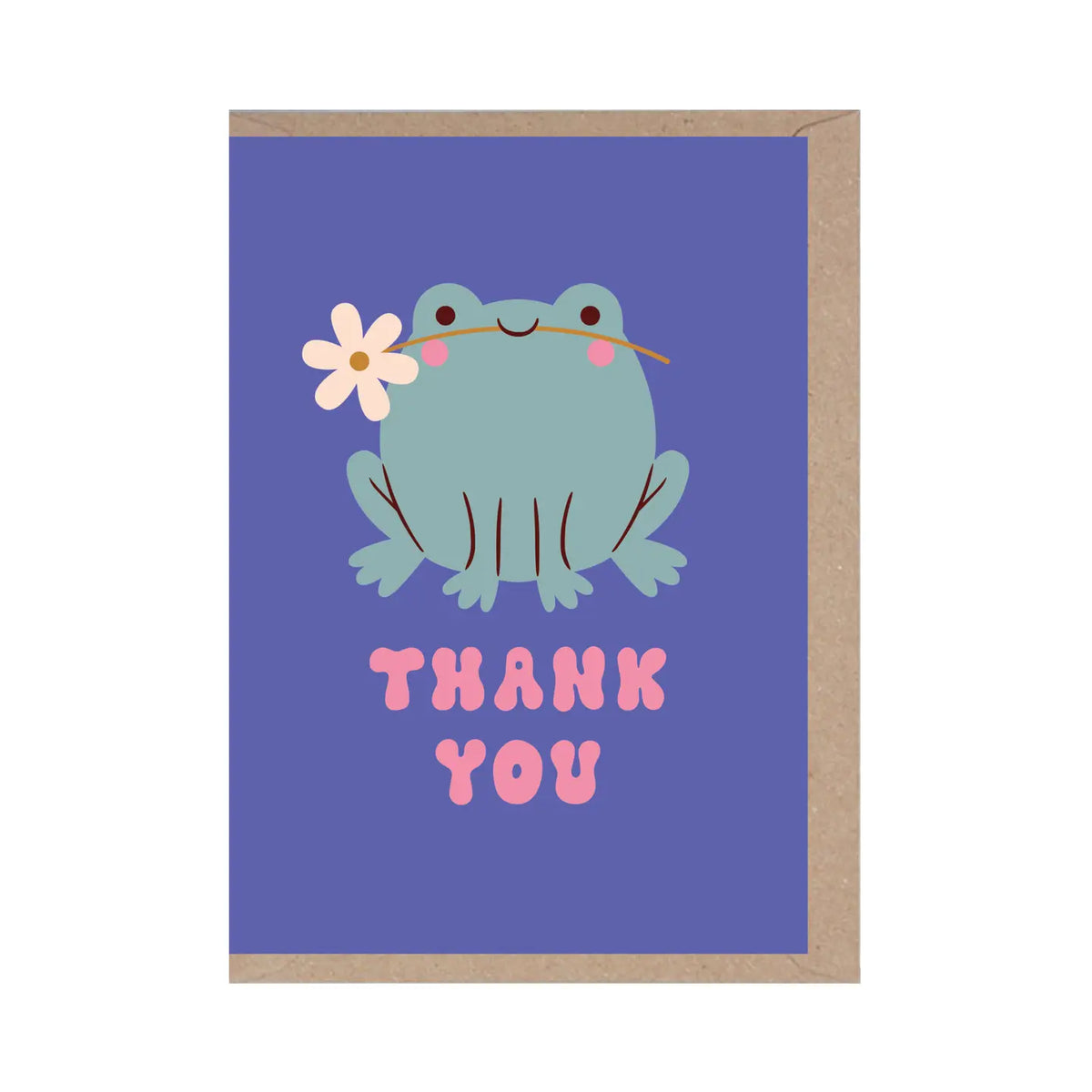 Card with a frog holding a flower and &#39;Thank You&#39; text on a purple background