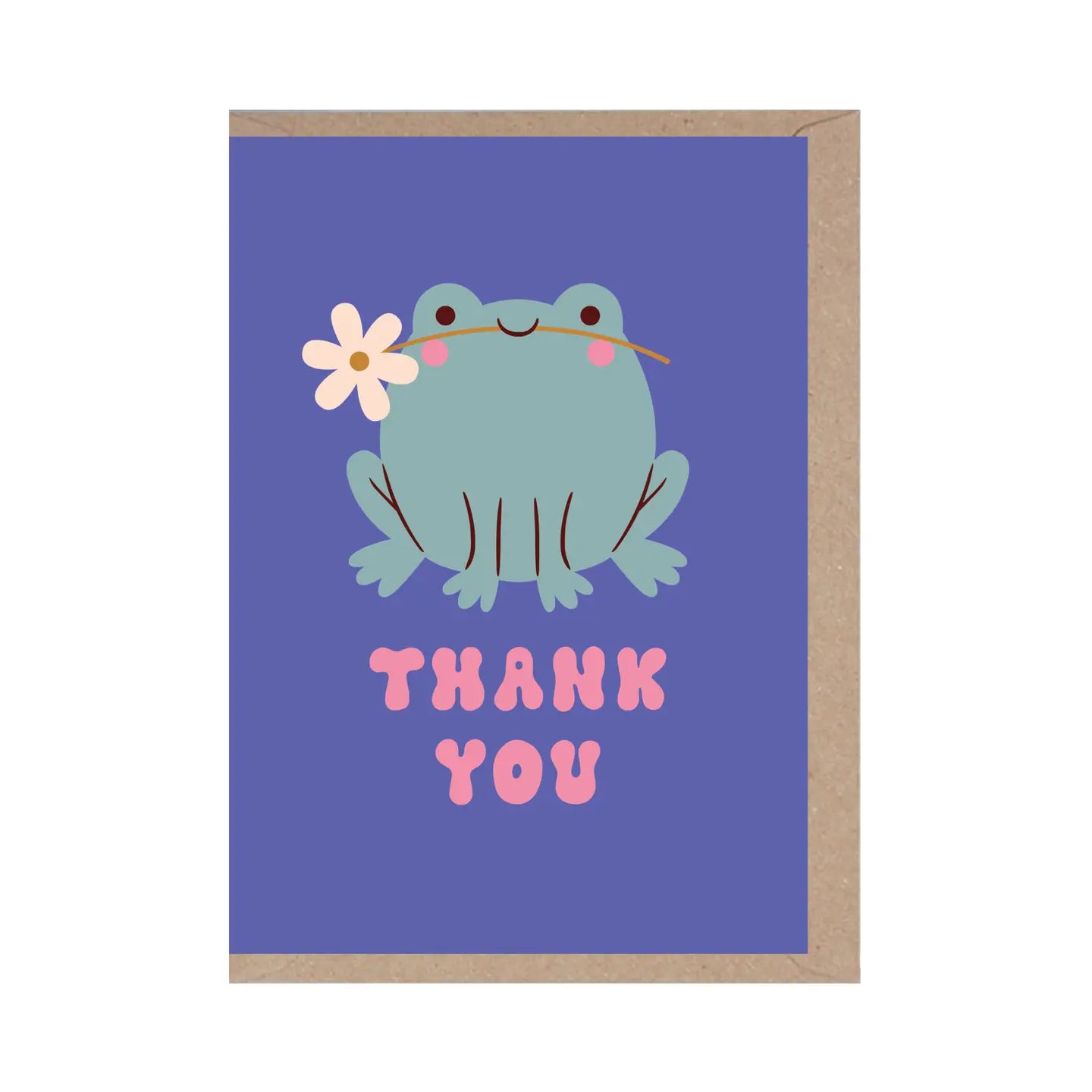 Card with a frog holding a flower and 'Thank You' text on a purple background