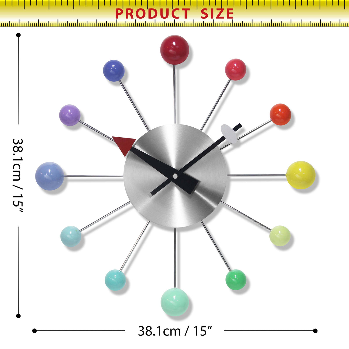Colorful wall clock with measurement details on a white background