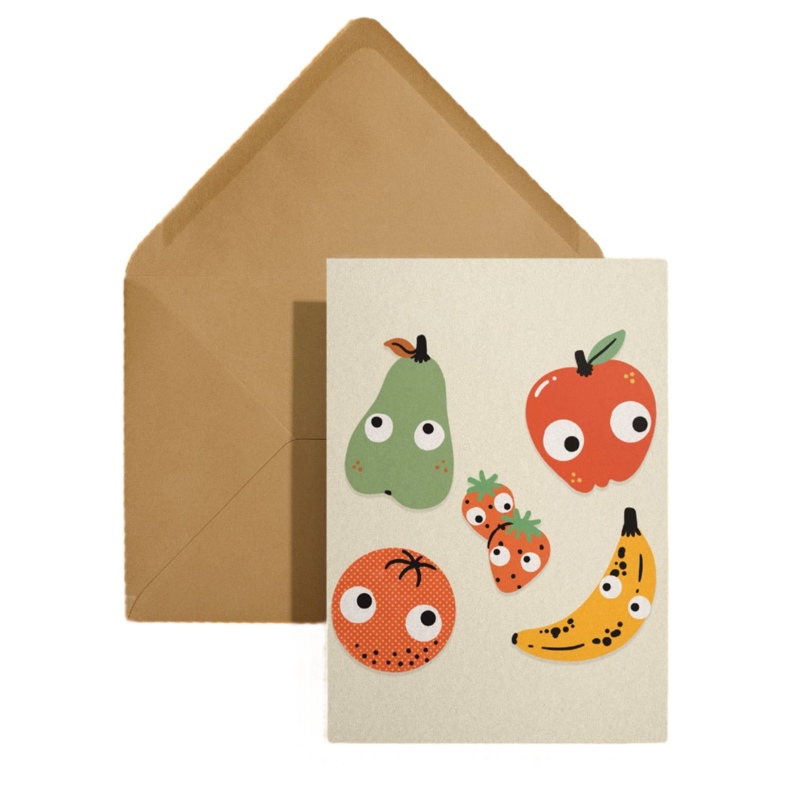 Card with cartoon fruits and vegetables on a beige background, with a brown envelope on a yellow background