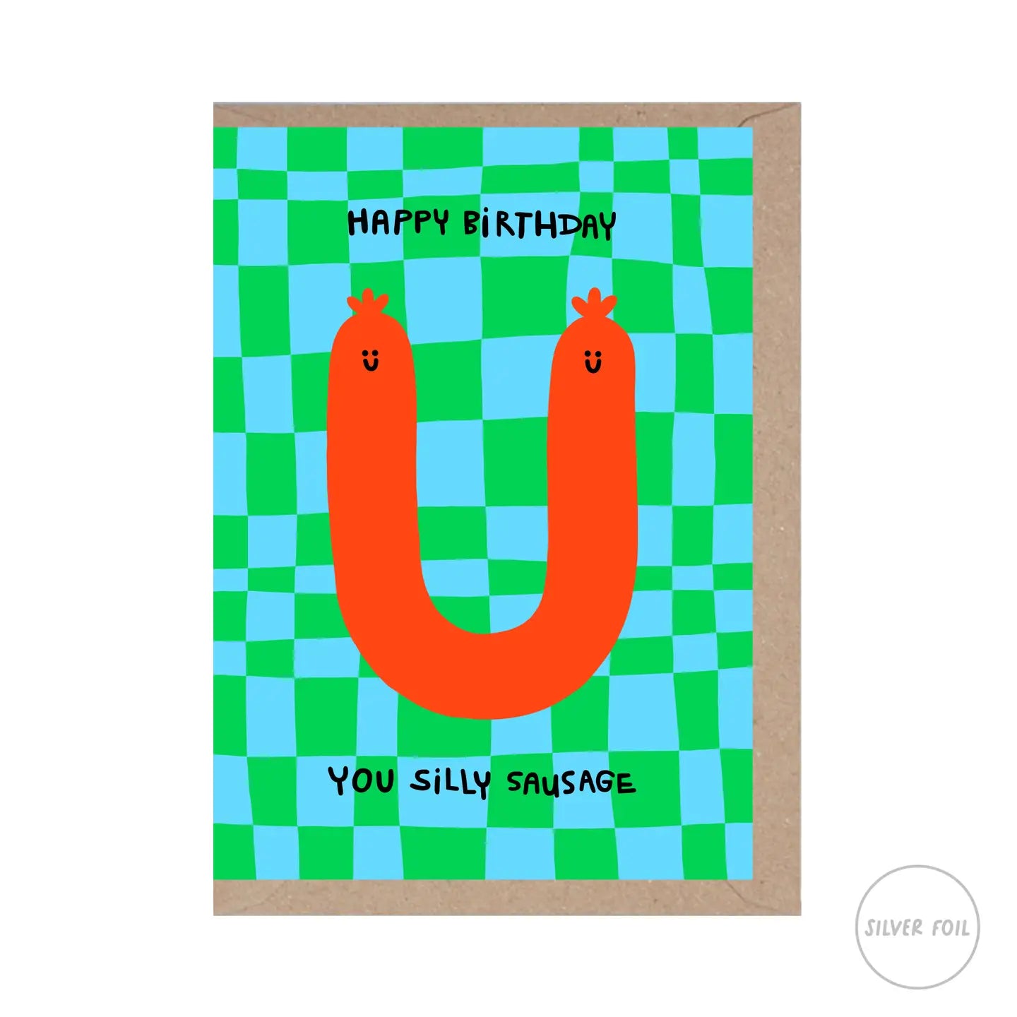 Birthday card with red U shaped sausages on a green and blue checkered background