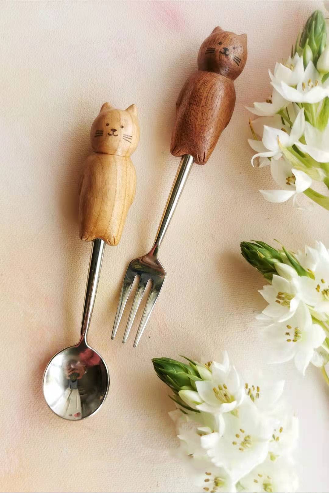Hand-Carved Kitten Spoon & Fork