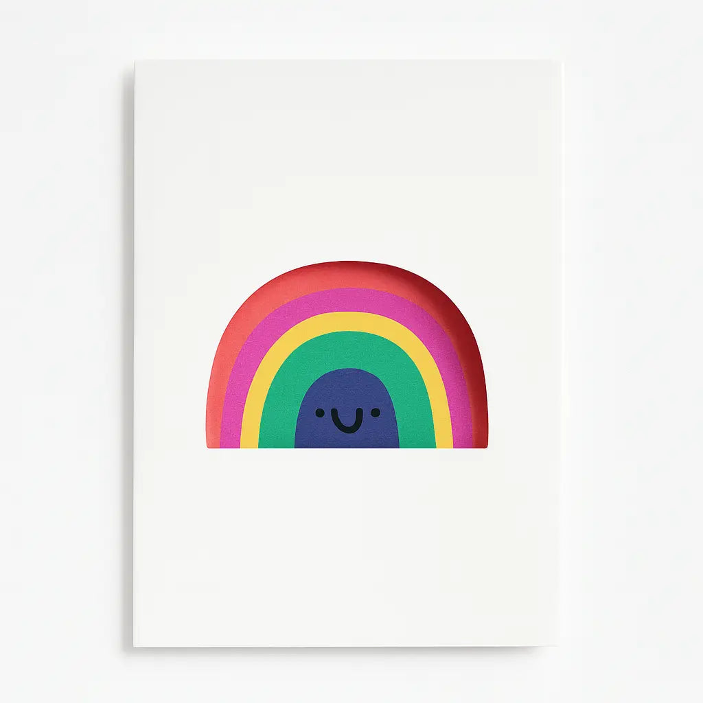 Colorful rainbow with a smiling face on a white background