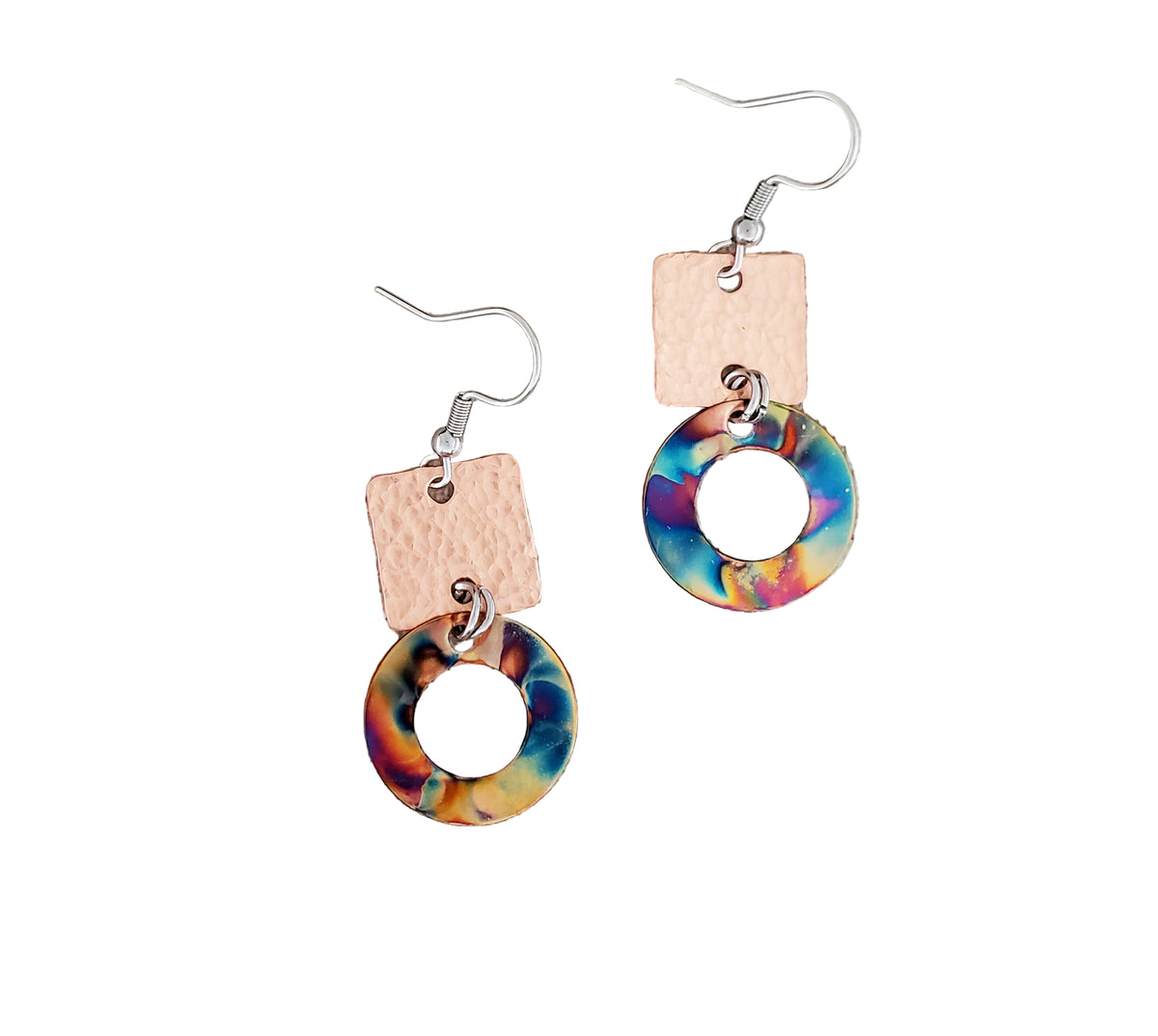 Flame Paint &amp; Hammered Copper Circle Connector Earrings
