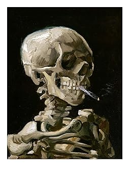 Skeletal figure smoking a cigarette against a dark background