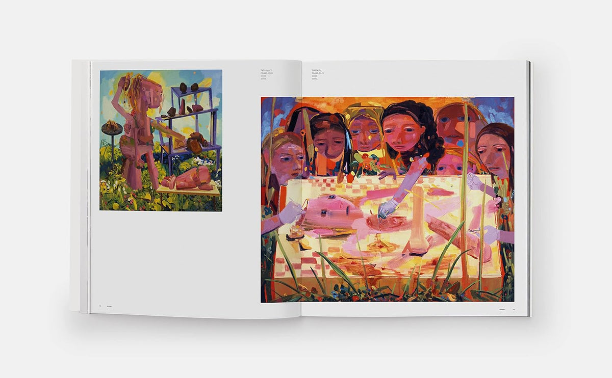 White pages featuring two Dana Schutz colorful artworks.