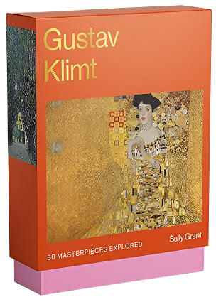 Book cover of 'Gustav Klimt' by Sally Grant with a portrait and orange background