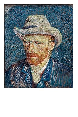 Famous painting of a man with a hat and beard, likely Van Gogh, on a textured blue background.